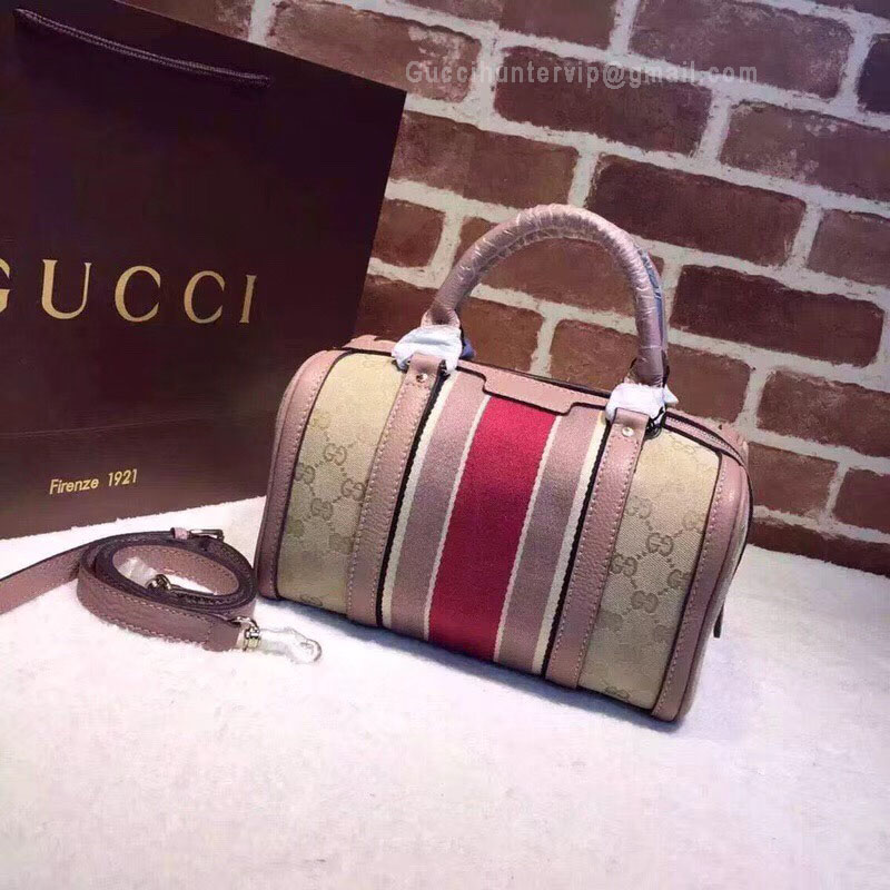 Gucci Beigebrown GG Canvas Vintage Web Boston Bag Nude And Red 247205